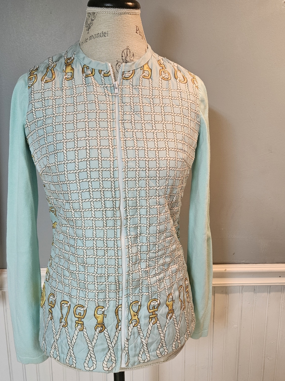 J. MCLAUGHLIN Women's XS Mint/Aqua Silk Quilted Front Full Zip Sweater Jacket
